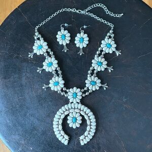 Silver-Tone, White and Turquoise Colored Squash Blossom Floral Necklace Set